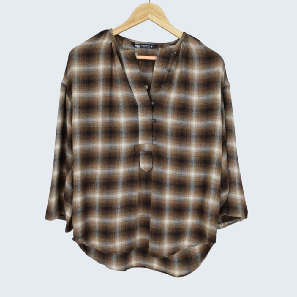 ZARA WOOL BROWN PLAID LONG SLEEVE 1/2 BUTTON UP TOP